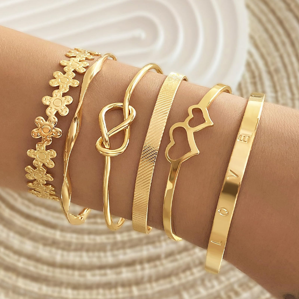 IFKM Gold Bangle Bracelets For Women, 14k Gold Plated Multi Layer Stackable Cuff Bracelet Set, Trendy Elegance Charms Non Tarnish Minimalist Textured Boho Jewelry Gift for Women