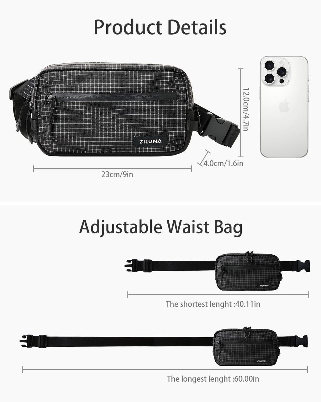 2L Sling Bag for Men & Women - Anti-Theft RFID Blocking Fanny Pack with Lockable Zippers, Water Resistant Lightweight Crossbody Bag for Travel Hiking Running Gym Walking Daily Use(Black)