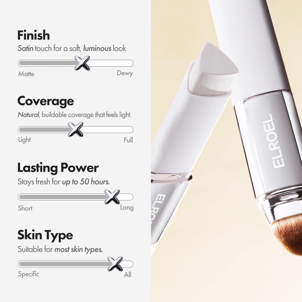 ELROEL Blanc Cover Cream Stick V White - Korean Color-Changing Foundation Stick with Volufiline - Medium to Full Coverage Dewy Finish Base Makeup - Dual-Ended with Detachable Brush (202 Natural)