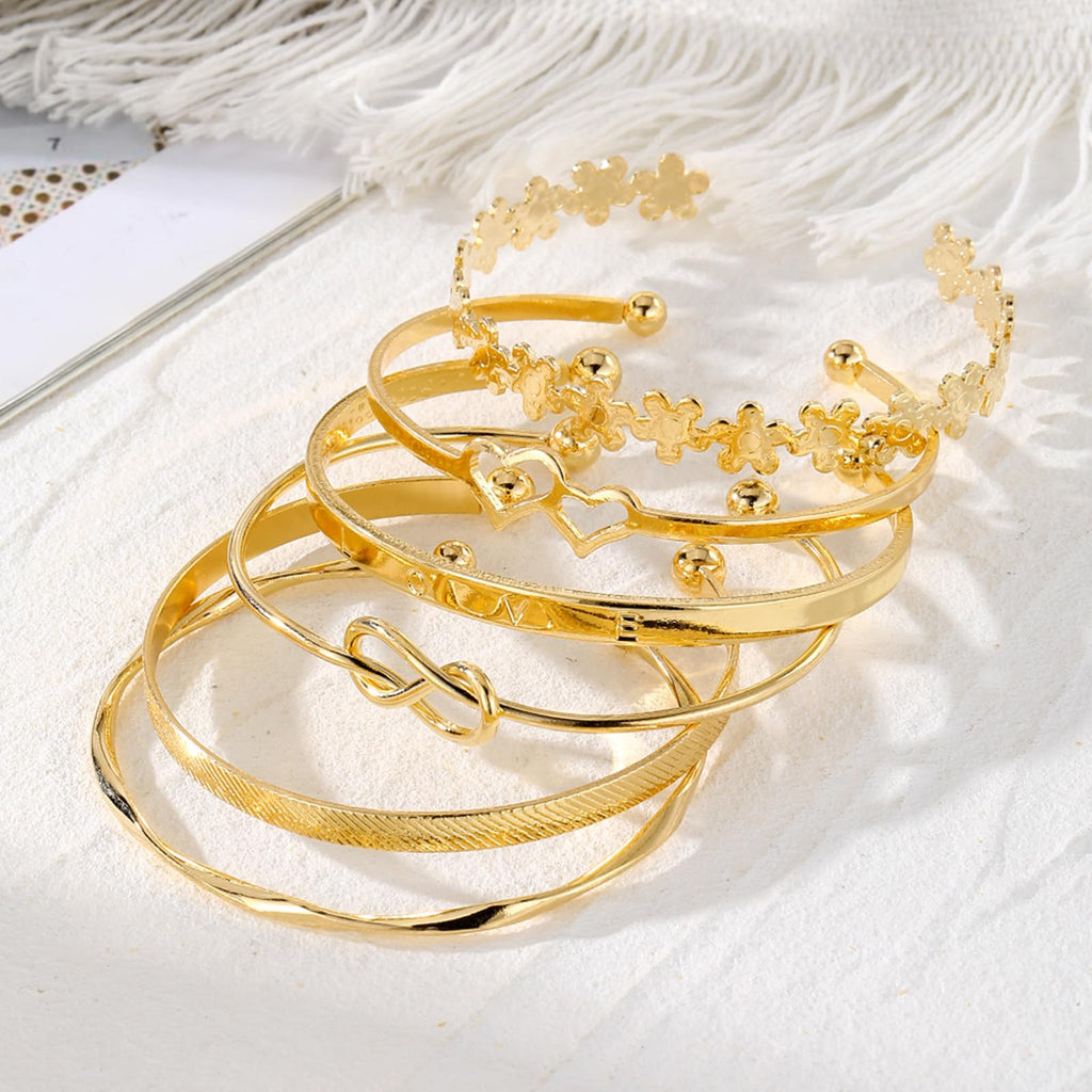 IFKM Gold Bangle Bracelets For Women, 14k Gold Plated Multi Layer Stackable Cuff Bracelet Set, Trendy Elegance Charms Non Tarnish Minimalist Textured Boho Jewelry Gift for Women