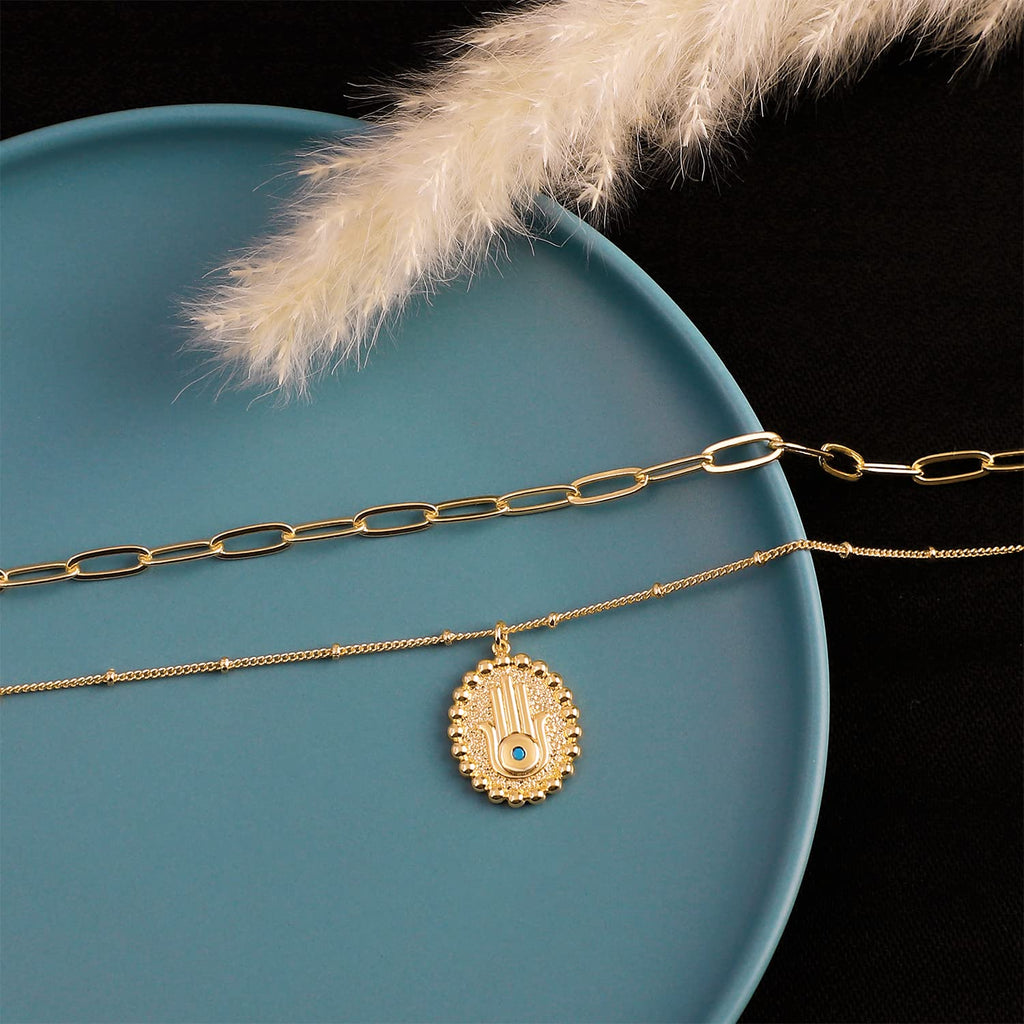 MEVECCO Layered Heart Necklace Pendant Handmade 18k Gold Plated Dainty Gold Choker Arrow Bar Layering Long Necklace for Women