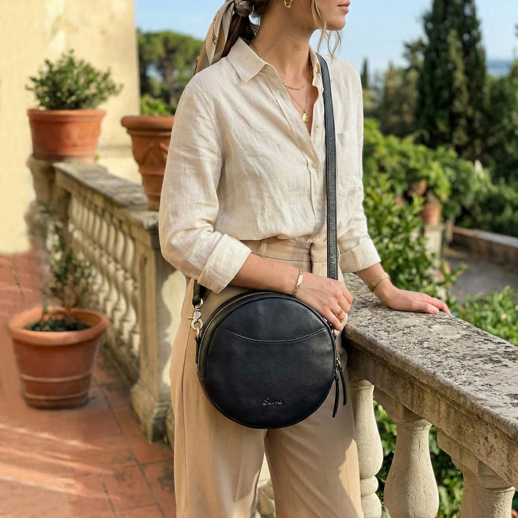 S-ZONE Leather Crossbody Bags for Women Circle Shoulder Round Purse Travel | Top Grain Leather, Keychain, Designer Handbag, Vintage, Multi Pockets, Detachable Strap, Eveyday Outing