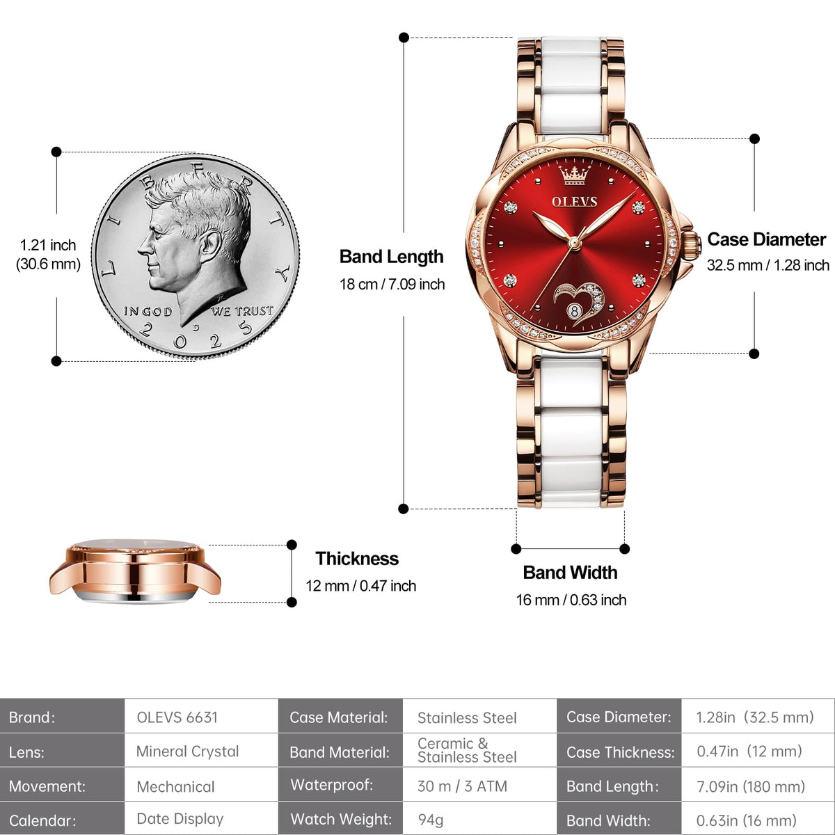 OLEVS Womens Automatic Watch, Premium Large Face Diamond Accented Self Winding Watches for Women, Fashion Waterproof Ladies Dress Watch, Two Tone Stainless Steel Ceramic Bracelet