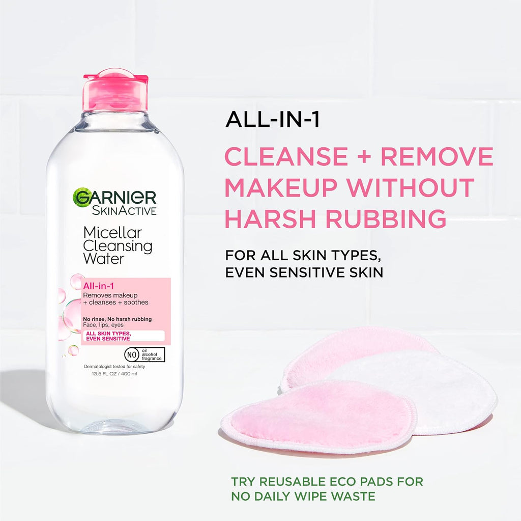 Garnier Micellar Cleansing Water, All-in-1 Makeup Remover and Facial Cleanser, For All Skin Types, 3.4 Fl Oz (100mL), 1 Count (Packaging May Vary)
