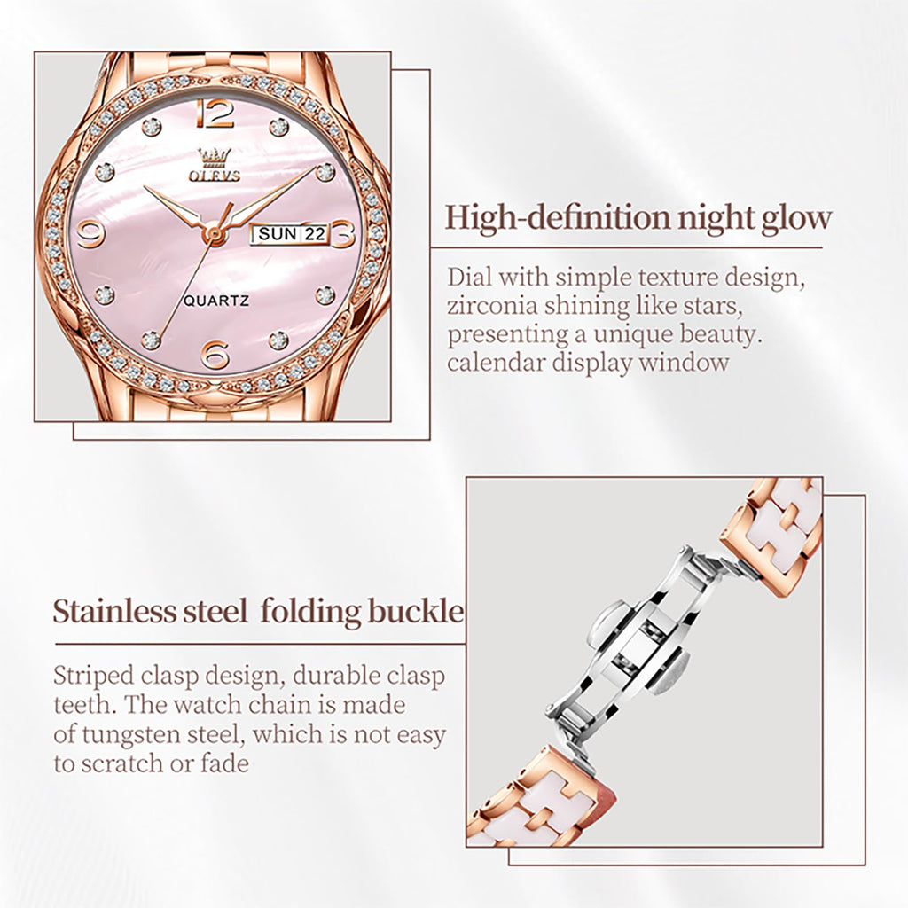 OLEVS Women's Watch Ceramic Band Waterproof Dress Watch Analog Quartz Watches Elegant Luxury Comfortable Wrist Watches with Date Day & Diamond White/Pink/Black Dial Gift for Her Reloj para Mujer