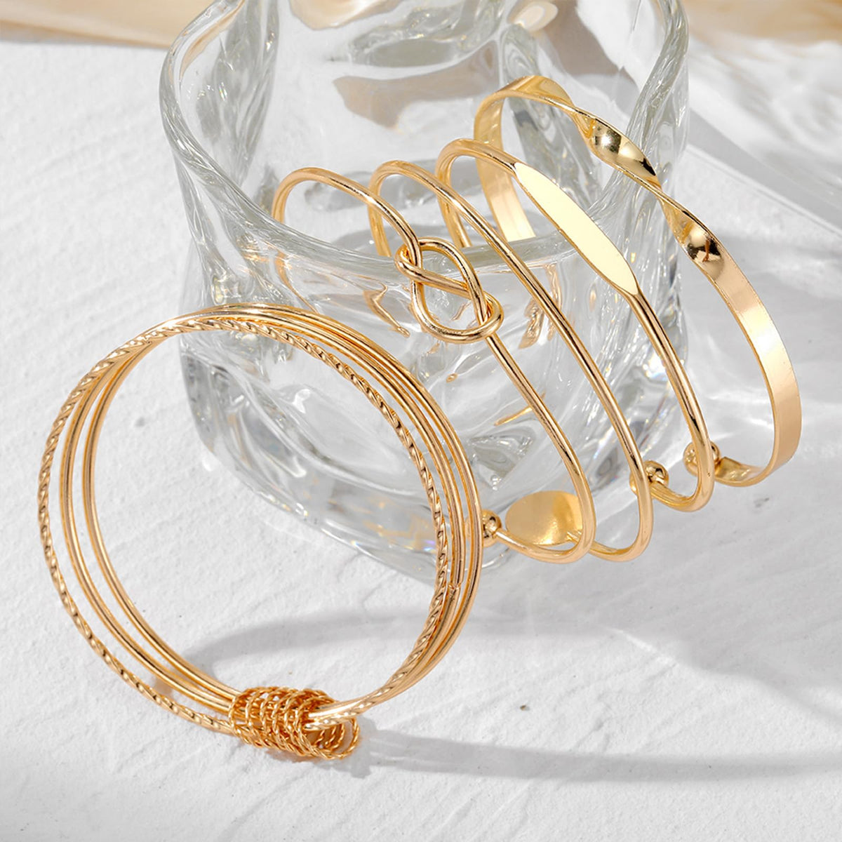 IFKM Gold Bangle Bracelets For Women, 14k Gold Plated Multi Layer Stackable Cuff Bracelet Set, Trendy Elegance Charms Non Tarnish Minimalist Textured Boho Jewelry Gift for Women