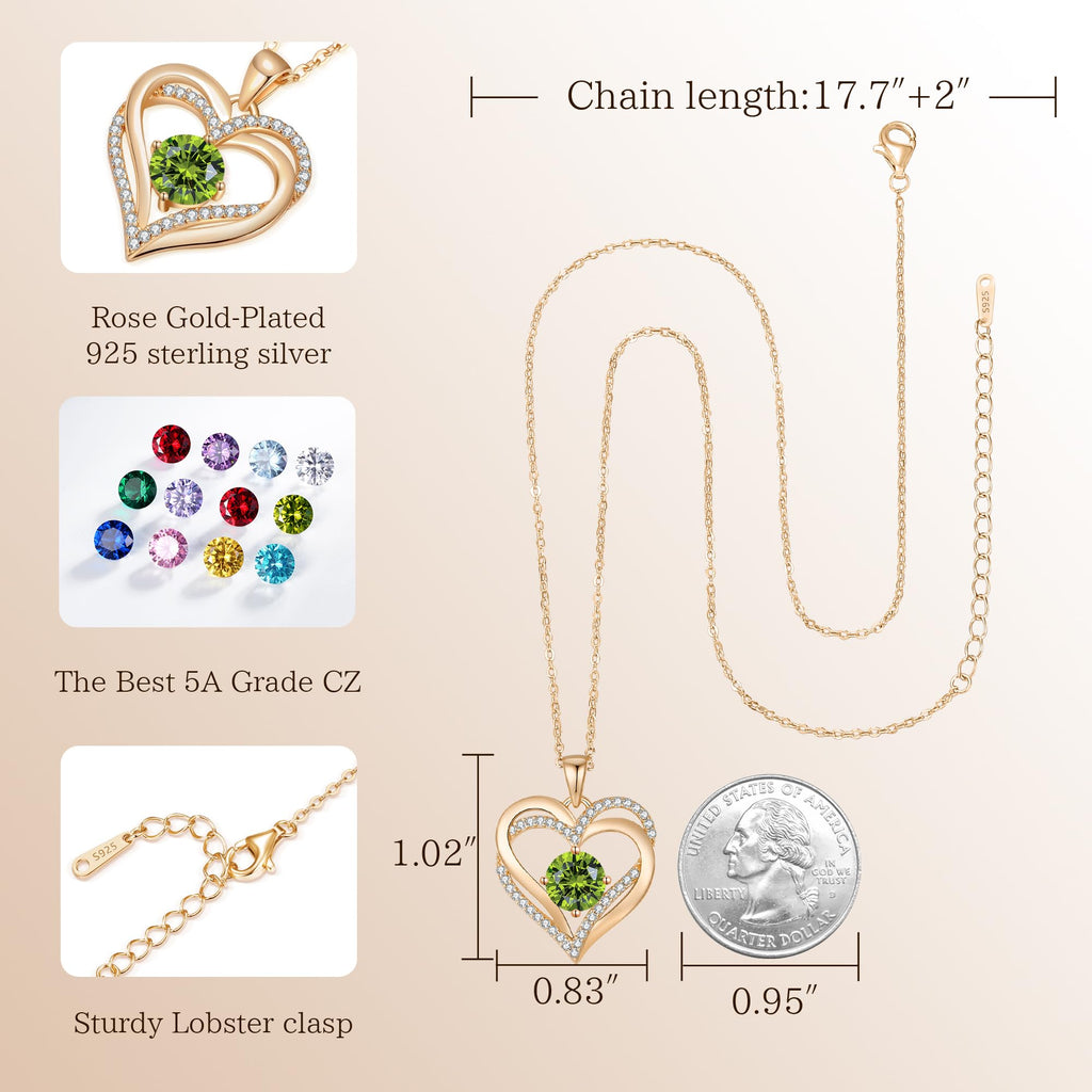 Personalized Double Heart Birthstone Necklace for Women – Sterling Silver Gift