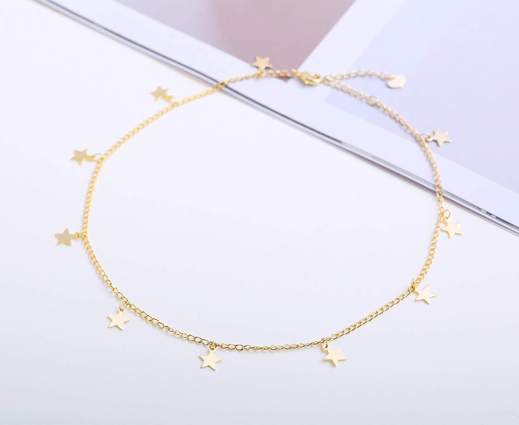 S.J JEWELRY Women Simple Delicate Full Moon 14K Gold Plated/Rose Gold/Silver Plated Layered Pendant Handmade Star Chokers Necklaces