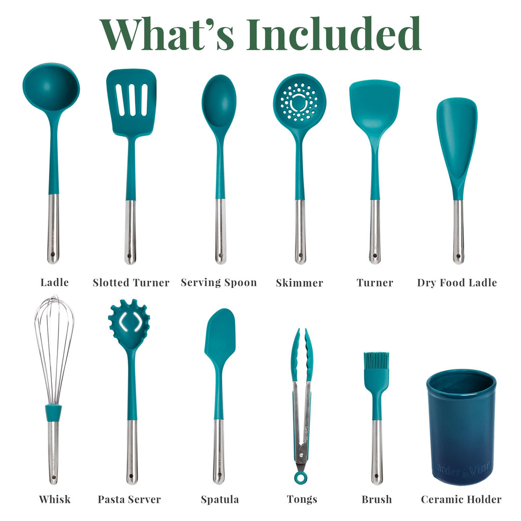 12pc Silicone Kitchen Utensils with Stainless Steel handles and Ceramic holder