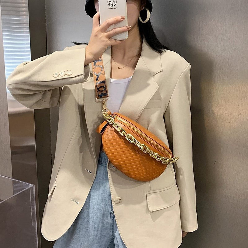 Thick Chain Women's Fanny Pack Plaid leather Waist Bag Shoulder Crossbody Chest Bags Luxury Designer Handbags Female Belt Bag