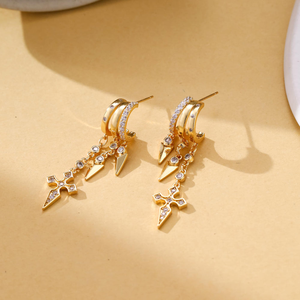 Gold Dangle Earrings for Women, 14k Gold Plated Stacked Triple Hoop Illusion Earrings Cubic Zirconia Huggie Earrings for Women Trendy