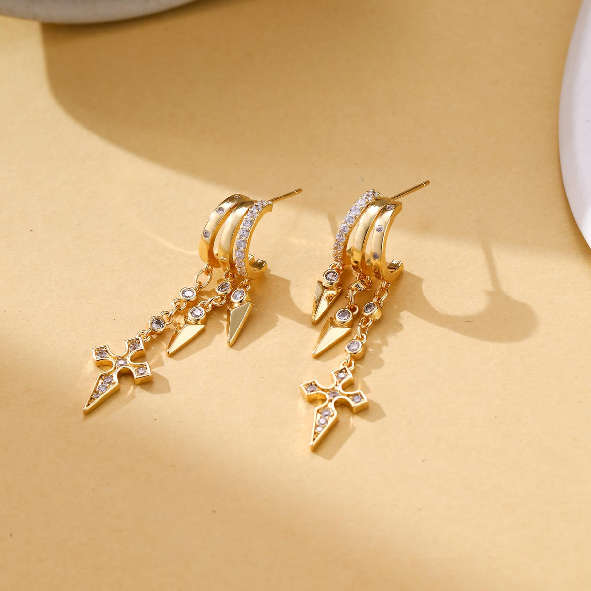 Gold Dangle Earrings for Women, 14k Gold Plated Stacked Triple Hoop Illusion Earrings Cubic Zirconia Huggie Earrings for Women Trendy