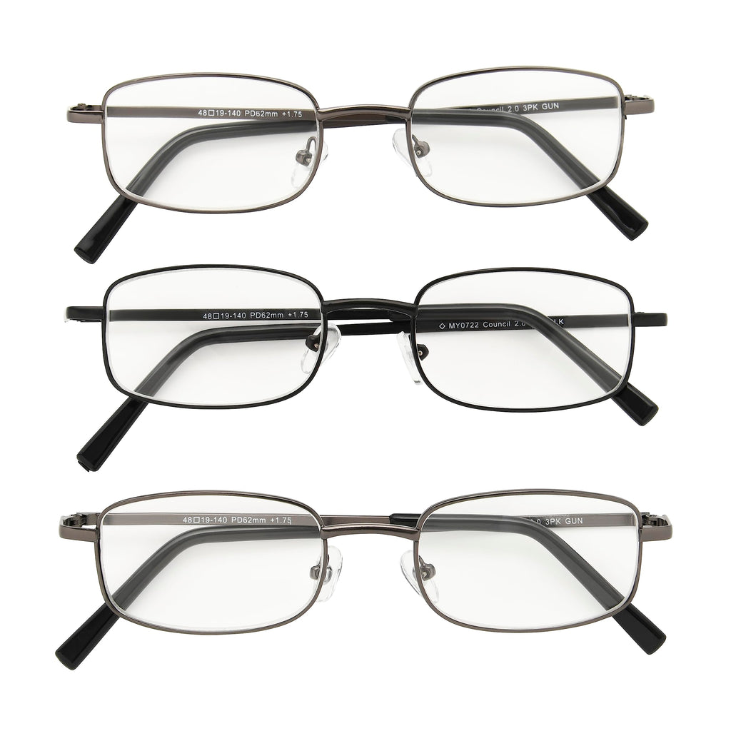 Foster Grant Men's Council Rectangular Reading Glasses, Gunmetal and Black, 3 Pack, 1.25xFoster Grant Men's Council Rectangular Reading Glasses, Gunmetal and Black, 3 Pac…