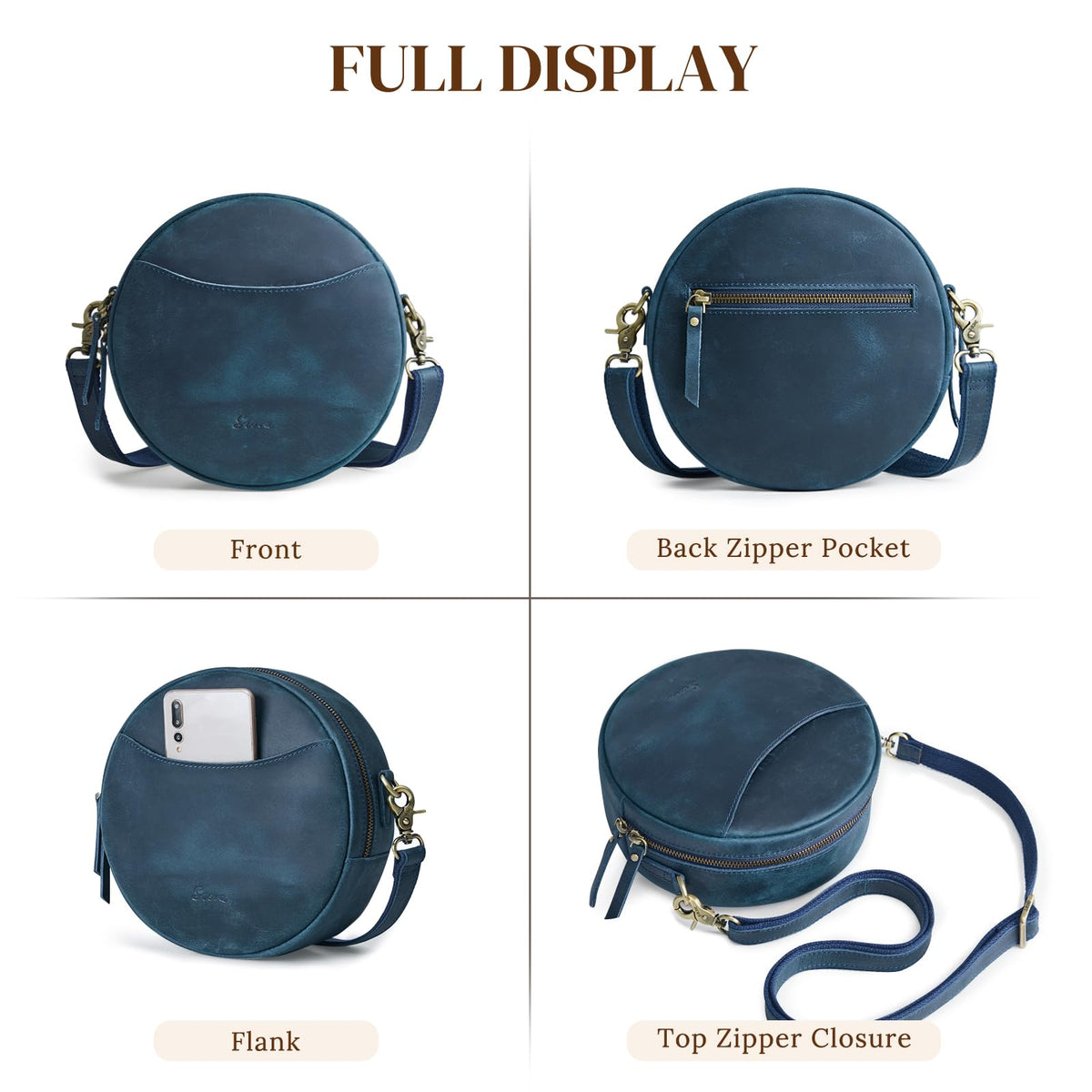 S-ZONE Leather Crossbody Bags for Women Circle Shoulder Round Purse Travel | Top Grain Leather, Keychain, Designer Handbag, Vintage, Multi Pockets, Detachable Strap, Eveyday Outing