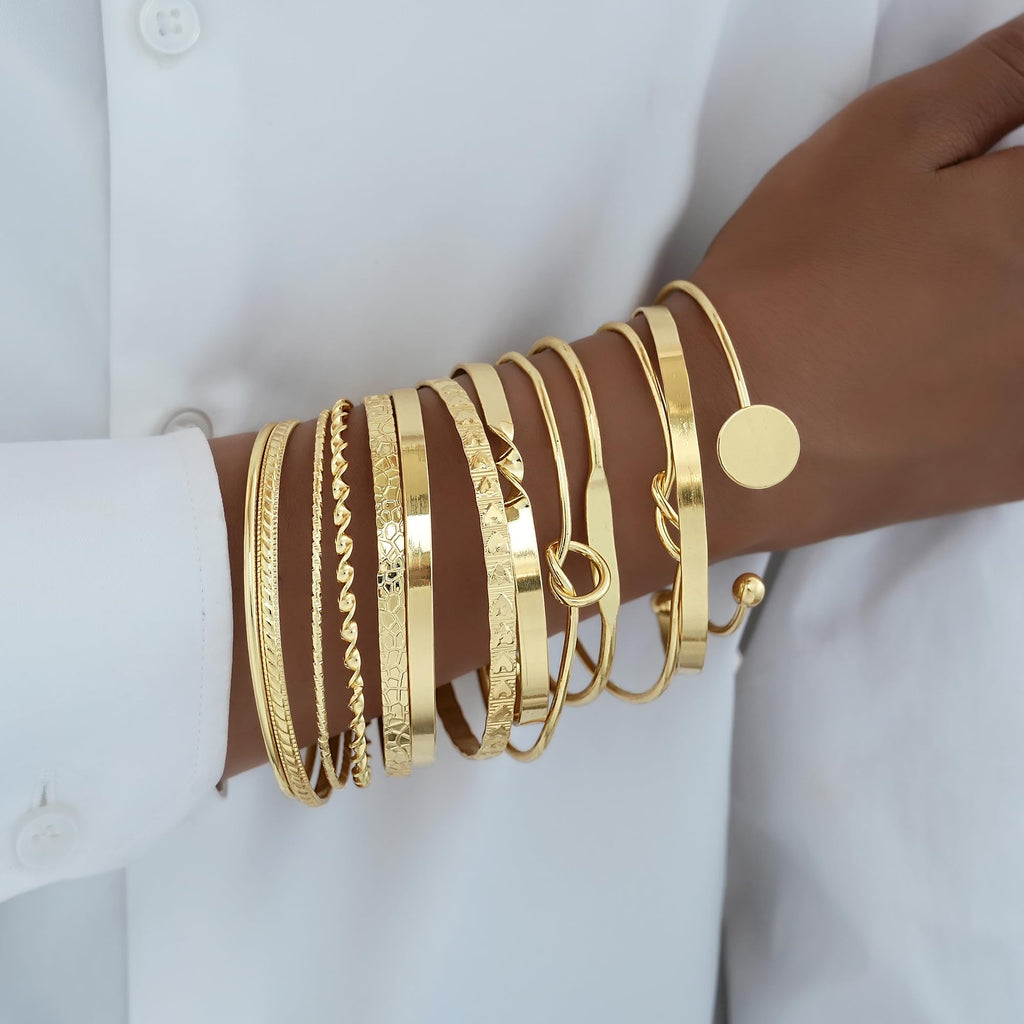 FAXHION Gold Bangle Bracelets for Women, 14 Pcs Multi Layer Stackable Bangle Set, 14K Gold Plated Textured Chunky Bracelets Boho Jewelrys Set