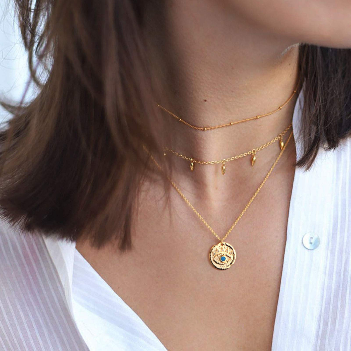 MEVECCO Layered Heart Necklace Pendant Handmade 18k Gold Plated Dainty Gold Choker Arrow Bar Layering Long Necklace for Women