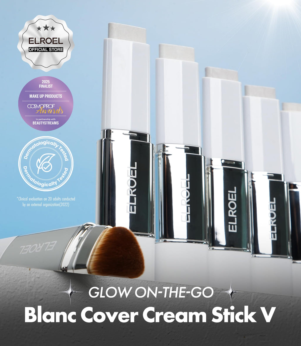 ELROEL Blanc Cover Cream Stick V White - Korean Color-Changing Foundation Stick with Volufiline - Medium to Full Coverage Dewy Finish Base Makeup - Dual-Ended with Detachable Brush (202 Natural)