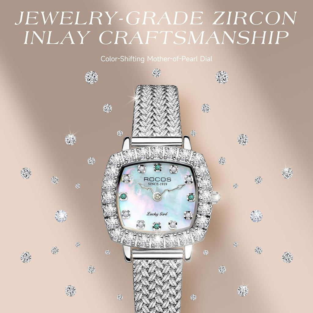 ROCOSJEWE Luxury Silver Diamond Ladies Watch for Women, Square Quartz Wrist Watch with Natural Mother-of-Pearl Dial, Elegant Small Dial, Premium Branded Women’s Watch, Gift for Women R0264