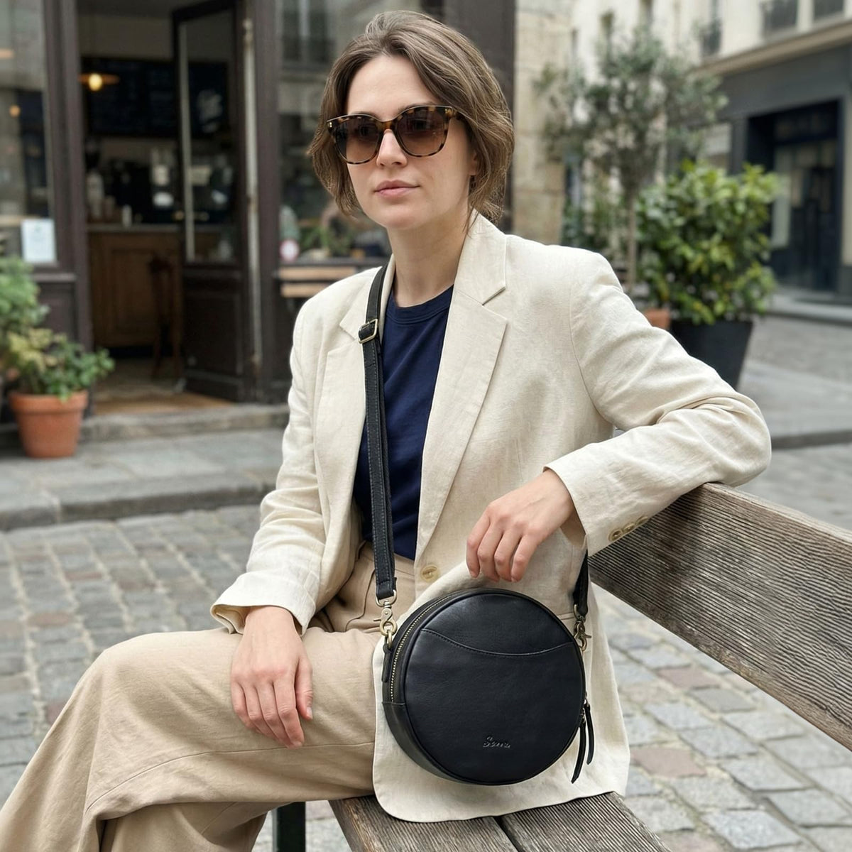 S-ZONE Leather Crossbody Bags for Women Circle Shoulder Round Purse Travel | Top Grain Leather, Keychain, Designer Handbag, Vintage, Multi Pockets, Detachable Strap, Eveyday Outing