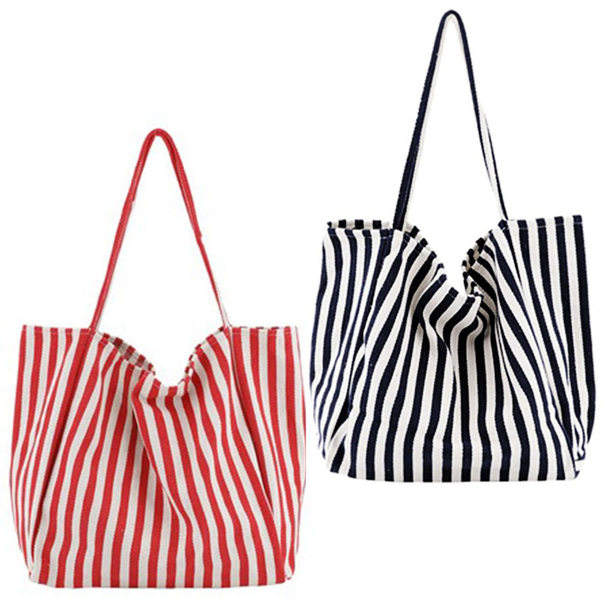 ELYEEBLEE 2 Pcs Lightweight Soft Casual Striped Canvas Shopping Tote Bags with Inner Pocket