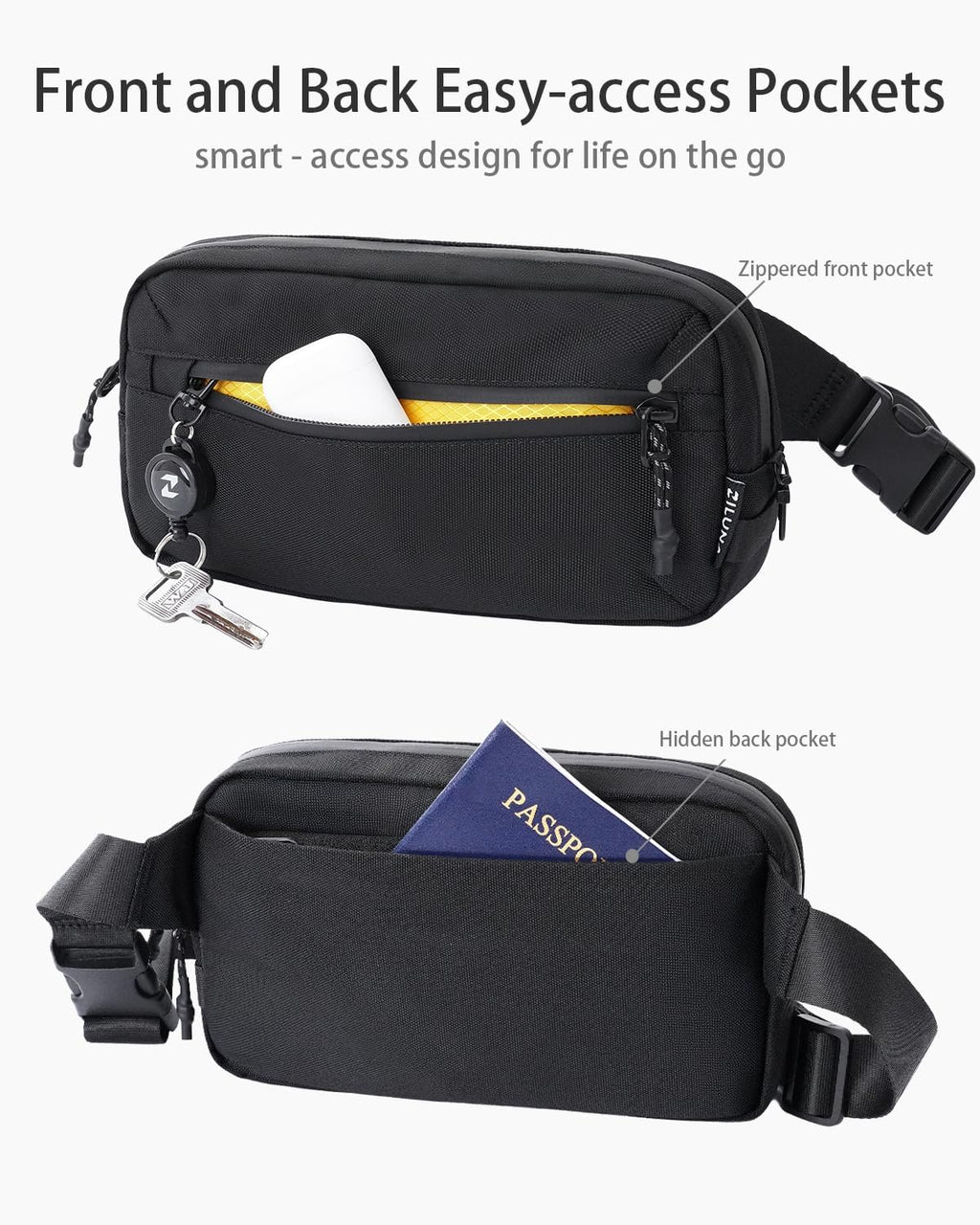 2L Sling Bag for Men & Women - Anti-Theft RFID Blocking Fanny Pack with Lockable Zippers, Water Resistant Lightweight Crossbody Bag for Travel Hiking Running Gym Walking Daily Use(Black)