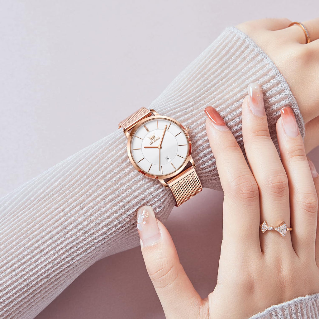 OLEVS Women's Watch Luxury Dress Rose Gold Women Slim Thin Lightweight Watch Stainless Steel Mesh Watches Fashion Waterproof Ladies Wrist Watch Black White Blue Face,Adjustable Bracelet