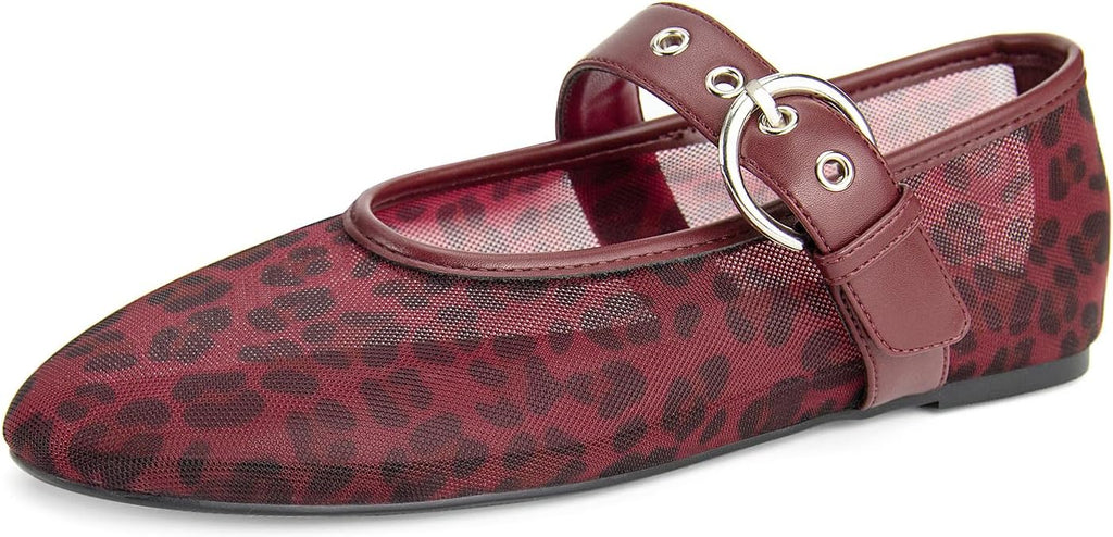 Gothictor Women's Mesh Ballet Flats Round Toe Leopard Mary Jane Shoes Women | Cushioned Comfort, Easy to Style, Buckle Strap, Cheetah Print, Ballerina, Breathable, Lightweight, Dressy Casual, Non-Slip