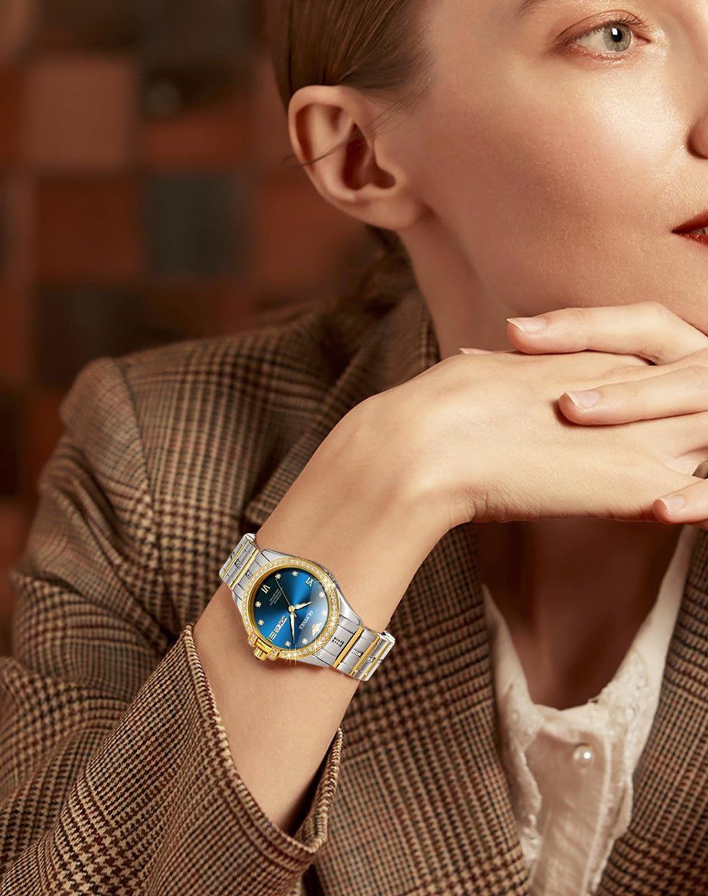 OUPINKE Women Automatic Watches Luxury Diamond Flywheel Two-Tone Stainless Tungsten Steel Band Moon Phase 24 Hours