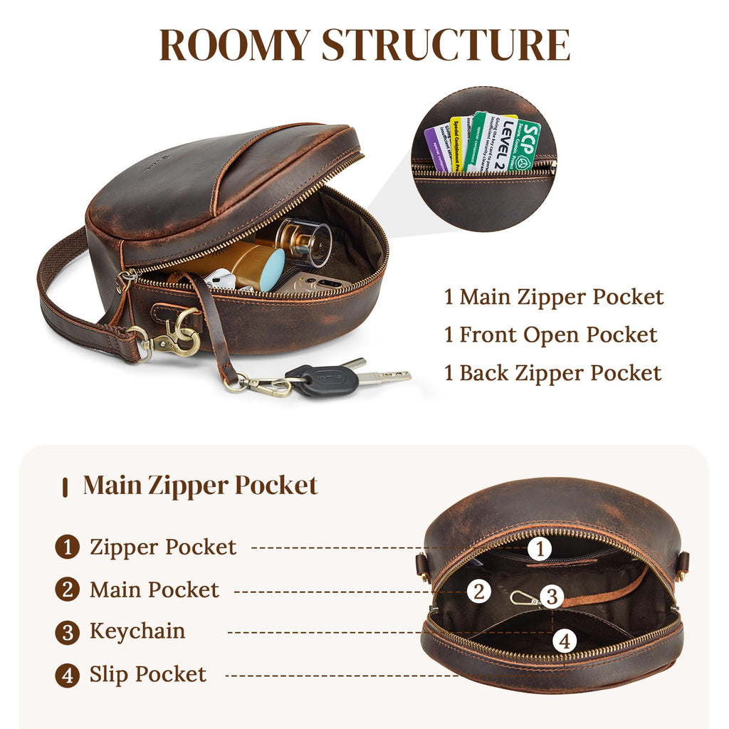 S-ZONE Leather Crossbody Bags for Women Circle Shoulder Round Purse Travel | Top Grain Leather, Keychain, Designer Handbag, Vintage, Multi Pockets, Detachable Strap, Eveyday Outing