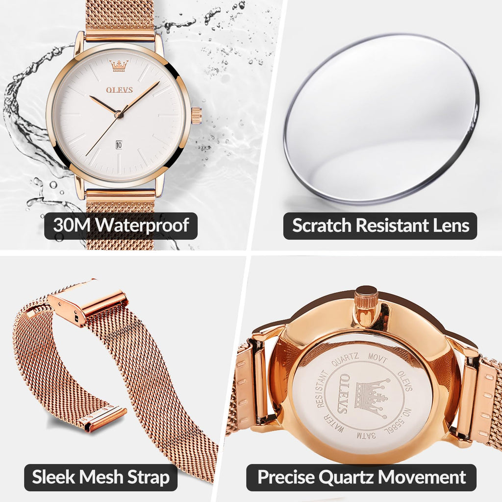 OLEVS Women's Mesh Bracelet Watch, Elegant Large Face Three Hand Analog Quartz Womens Wristwatch, Pretty Slim Date Display Waterproof Ladies Watches for Small Wrists