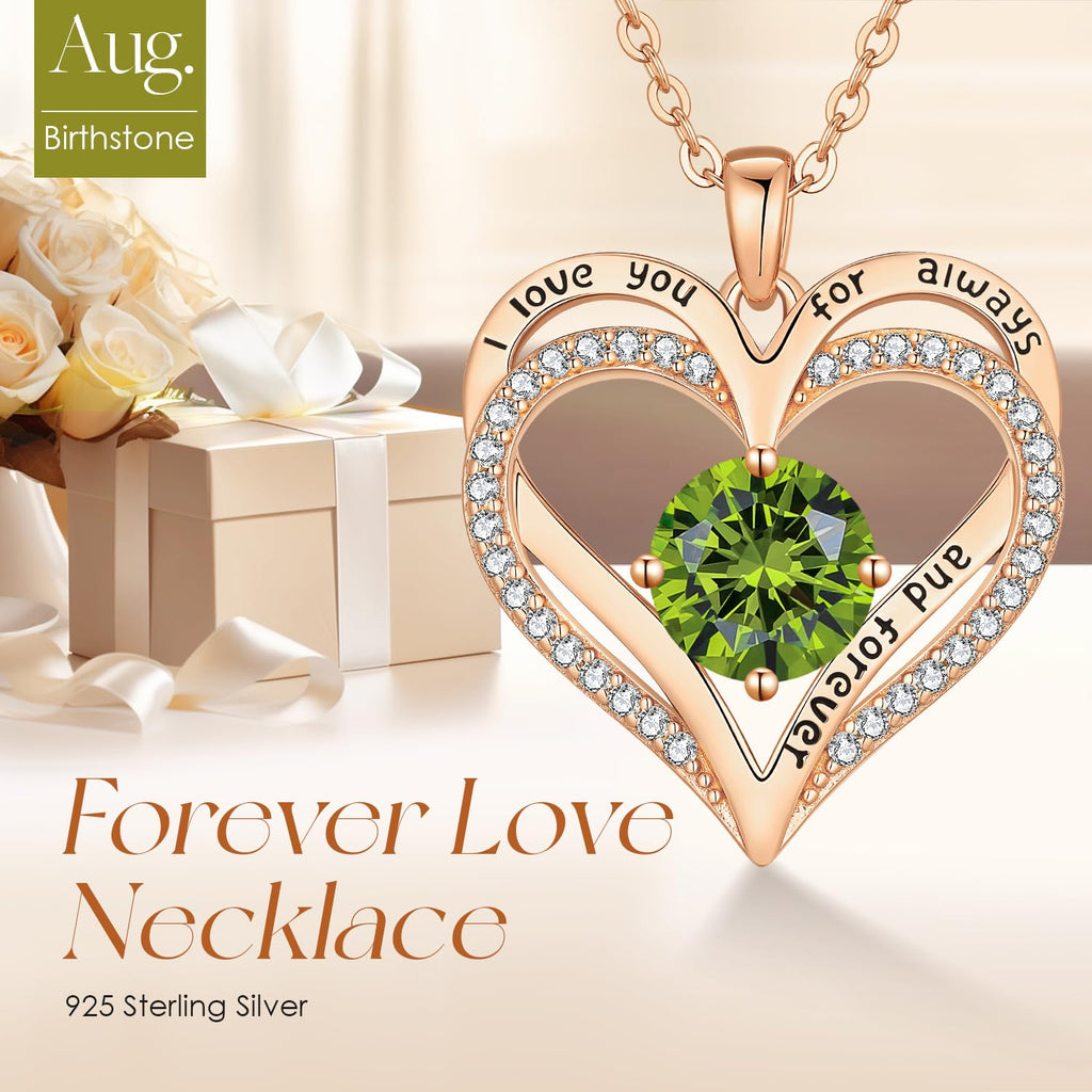 Personalized Double Heart Birthstone Necklace for Women – Sterling Silver Gift