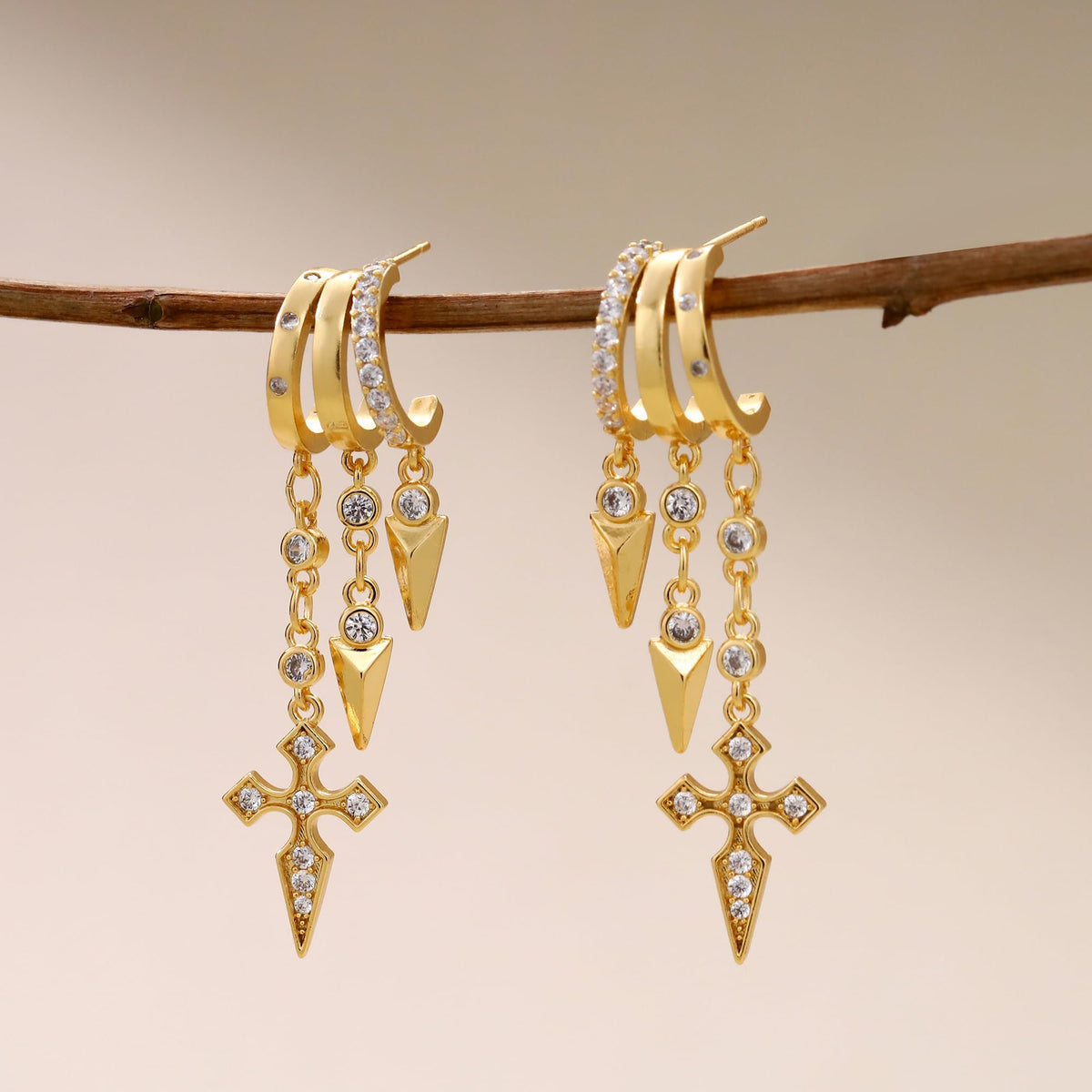 Gold Dangle Earrings for Women, 14k Gold Plated Stacked Triple Hoop Illusion Earrings Cubic Zirconia Huggie Earrings for Women Trendy