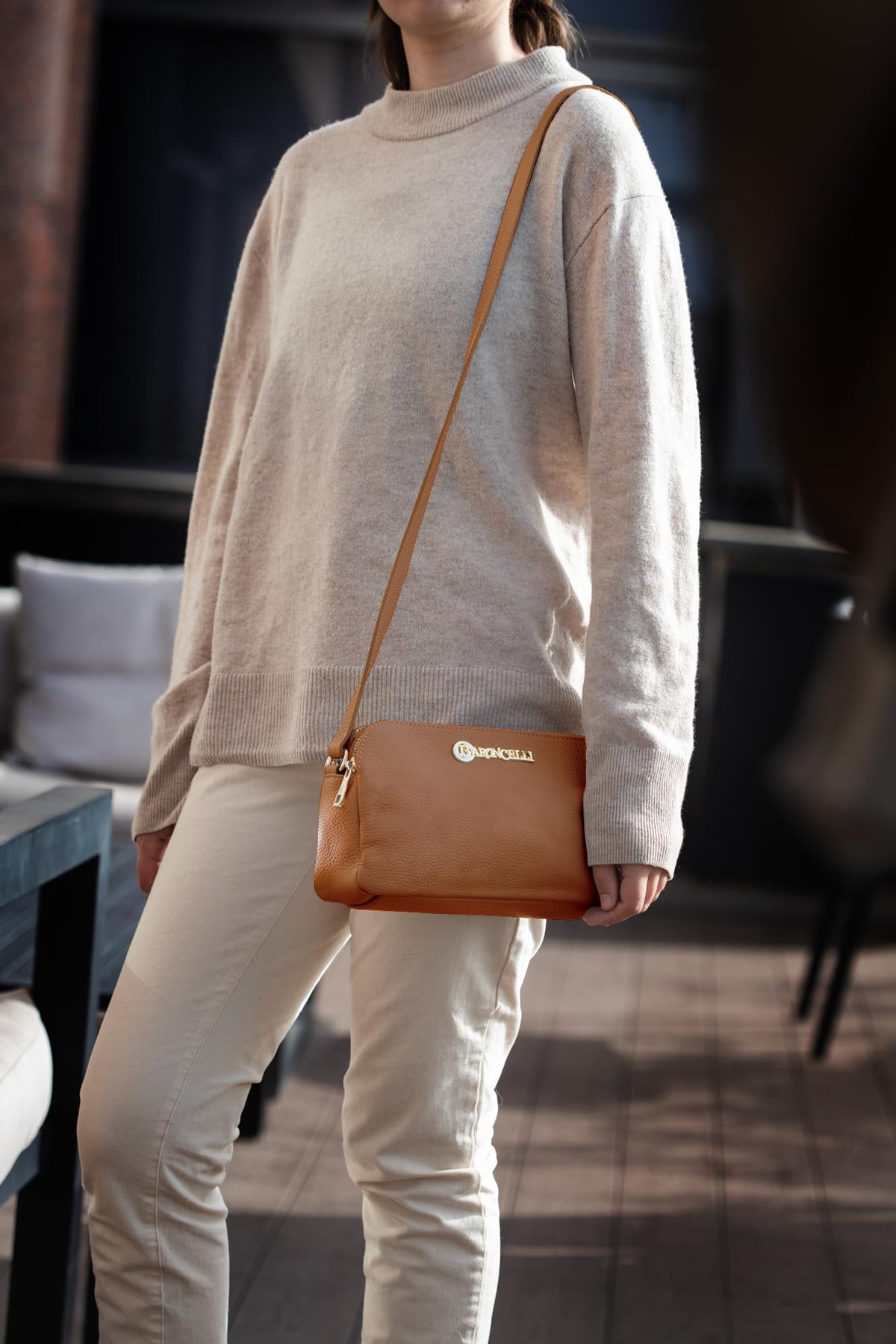Baroncelli Crossbody Bag Made in Italy with Long Stripe Genuine Italian Soft Leather
