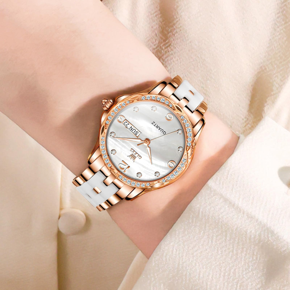 OLEVS Women's Watch Ceramic Band Waterproof Dress Watch Analog Quartz Watches Elegant Luxury Comfortable Wrist Watches with Date Day & Diamond White/Pink/Black Dial Gift for Her Reloj para Mujer