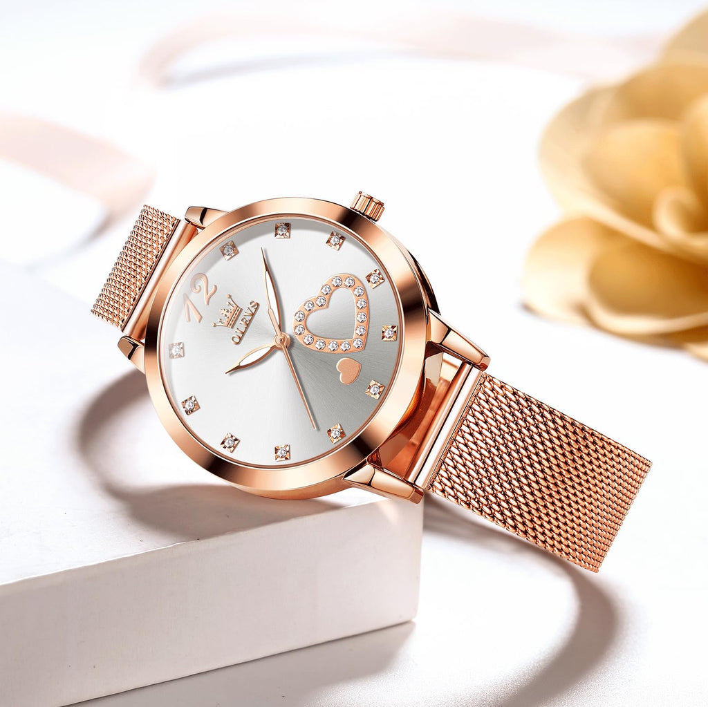 OLEVS Women's Small Wrist Rose Gold Tone Watch - Cute Diamond Heart Arabic Numerals Dial, Fashion Waterproof Mesh Bracelet Analog Dress for Ladies