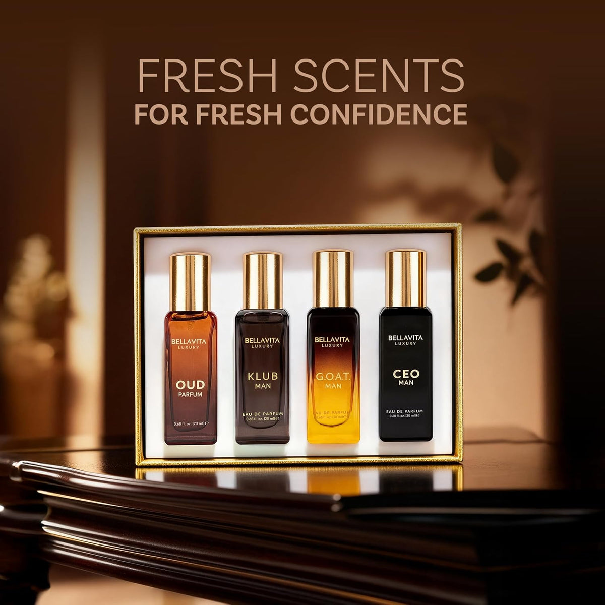BellaVita Luxury Men's Perfume Gift Set with CEO Man, G.O.A.T., KLUB & OUD | 4 x 20ml (80ml) | Long Lasting Perfume for Men | Citrus, Woody, Patchouli & Caramel Notes | Gift for Father's Day