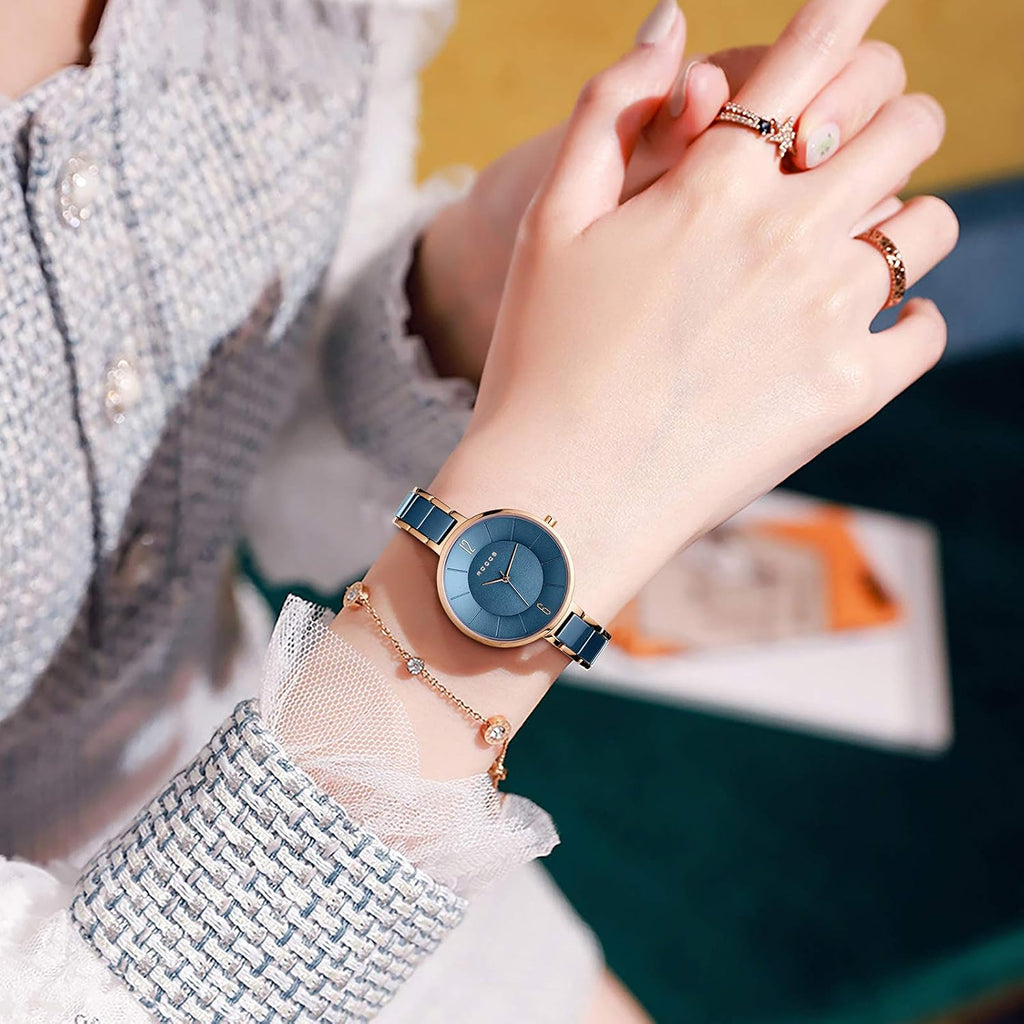 ROCOSJEWE Women’s Ceramic Quartz Analog Watch, Blue Dial with Rose Gold Accent, Ultra-Thin Design, Butterfly Clasp, 30M Waterproof Watches for Women