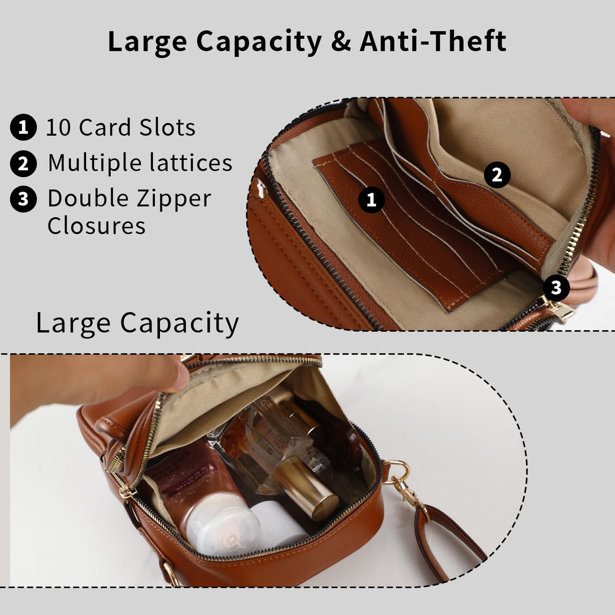 Leather Crossbody Bag for Women,Anti-Theft Messenger Bag with Large Capacity,Built-in Purse Card Slots Shoulder Sling Bag