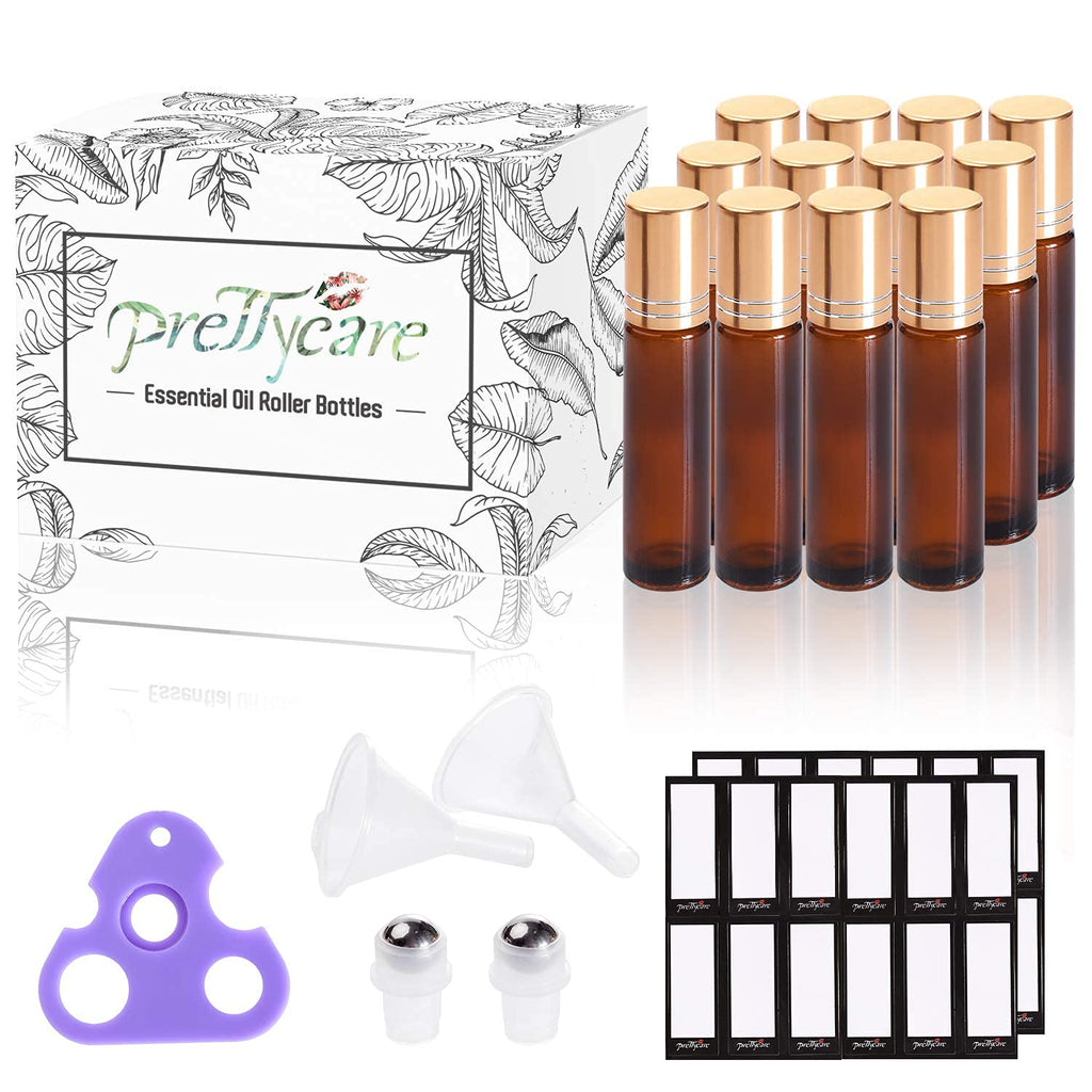 PrettyCare 4 Pack Amber Glass Oil Roller Bottles for Essential Oils 10ml, Roll On Bottles with Stainless Steel Roller Ball Leak-Proof Perfume Travel Refillable Bottle Empty, Beauty & Personal Care