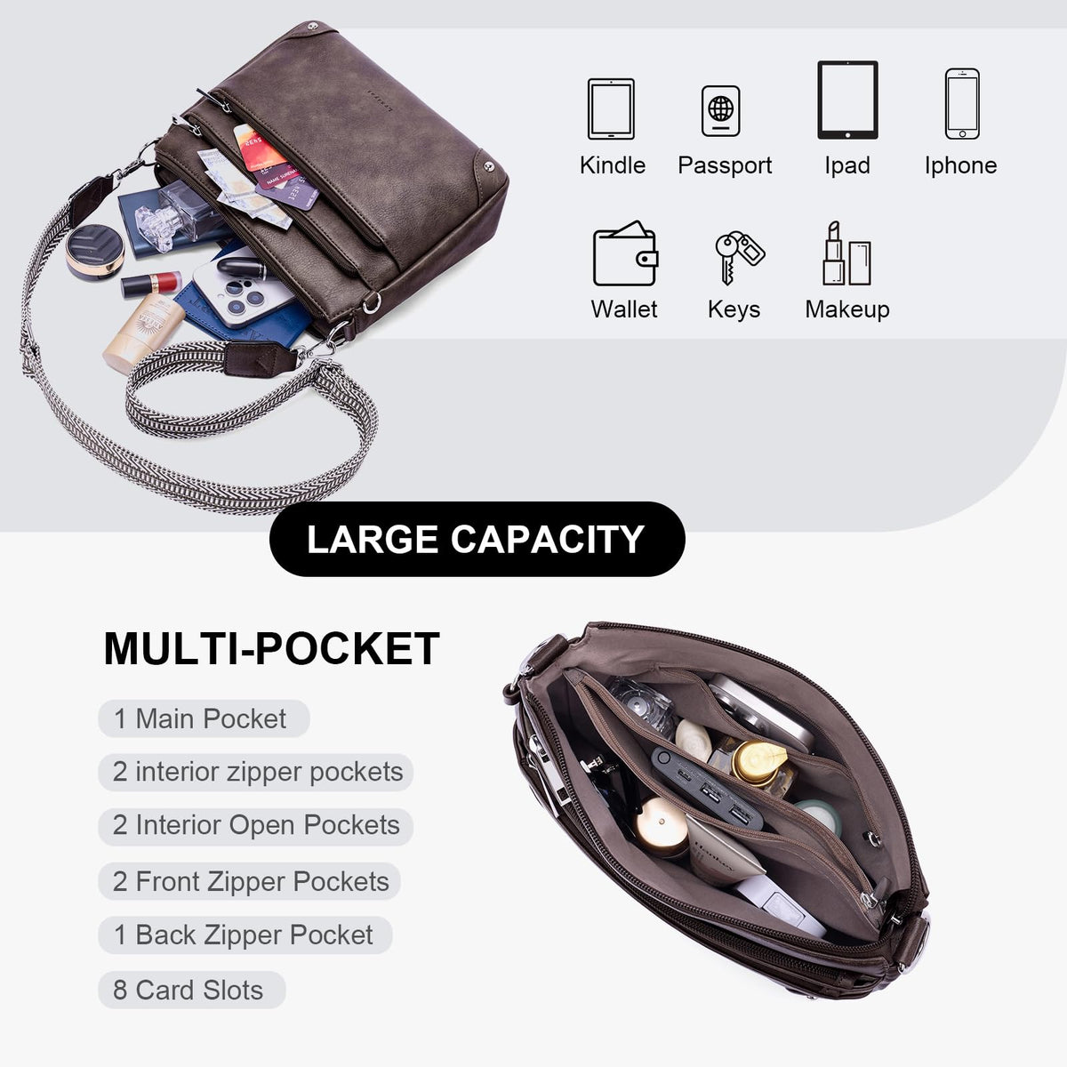 Crossbody Bags for Women Rfid Travel Crossbody Purses Leather Handbags Medium Shoulder bag with Adjustable Strap