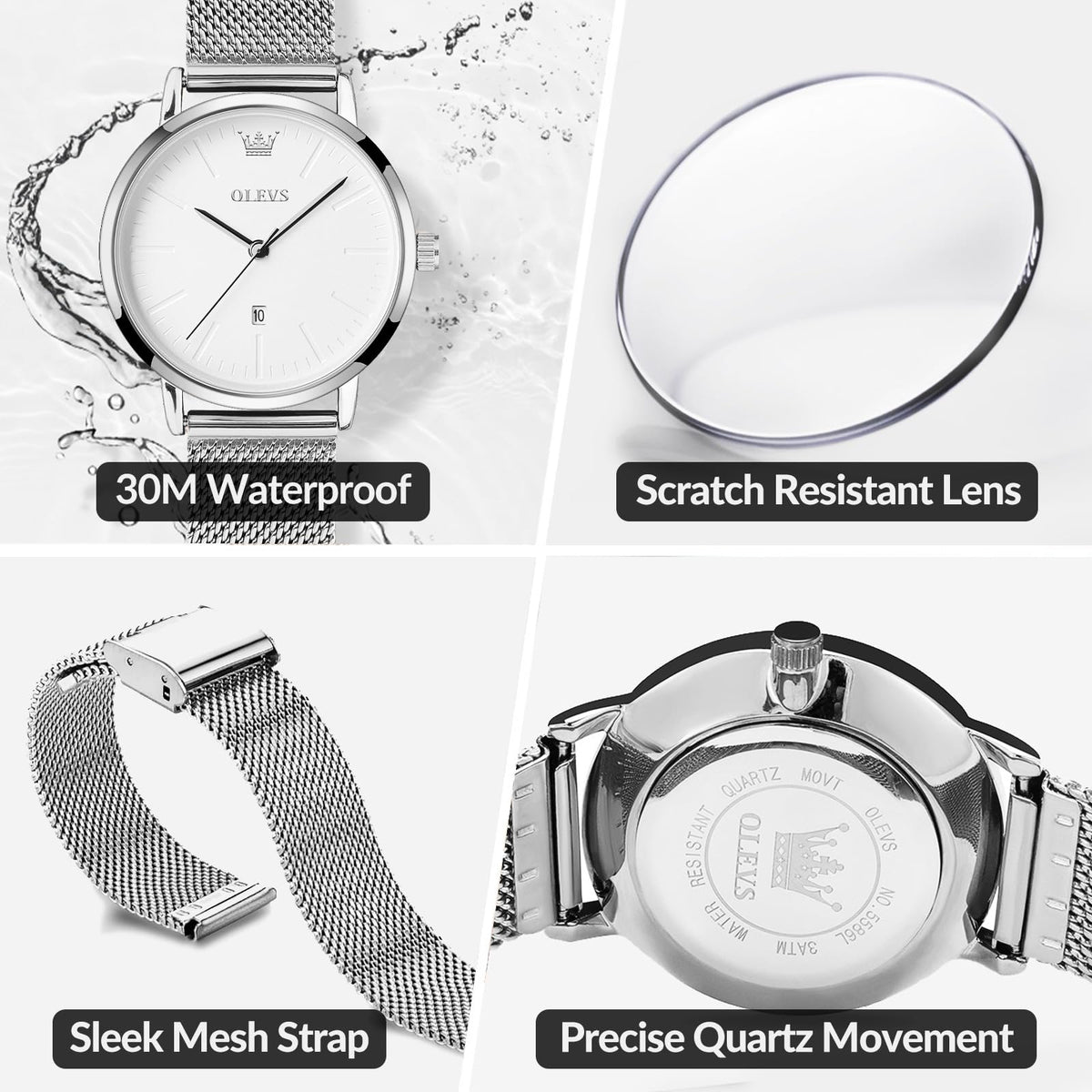 OLEVS Women's Mesh Bracelet Watch, Elegant Large Face Three Hand Analog Quartz Womens Wristwatch, Pretty Slim Date Display Waterproof Ladies Watches for Small Wrists