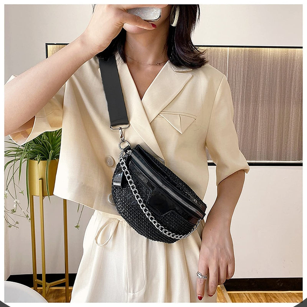 Thick Chain Women's Fanny Pack Plaid leather Waist Bag Shoulder Crossbody Chest Bags Luxury Designer Handbags Female Belt Bag