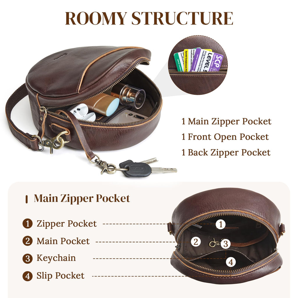 S-ZONE Leather Crossbody Bags for Women Circle Shoulder Round Purse Travel | Top Grain Leather, Keychain, Designer Handbag, Vintage, Multi Pockets, Detachable Strap, Eveyday Outing