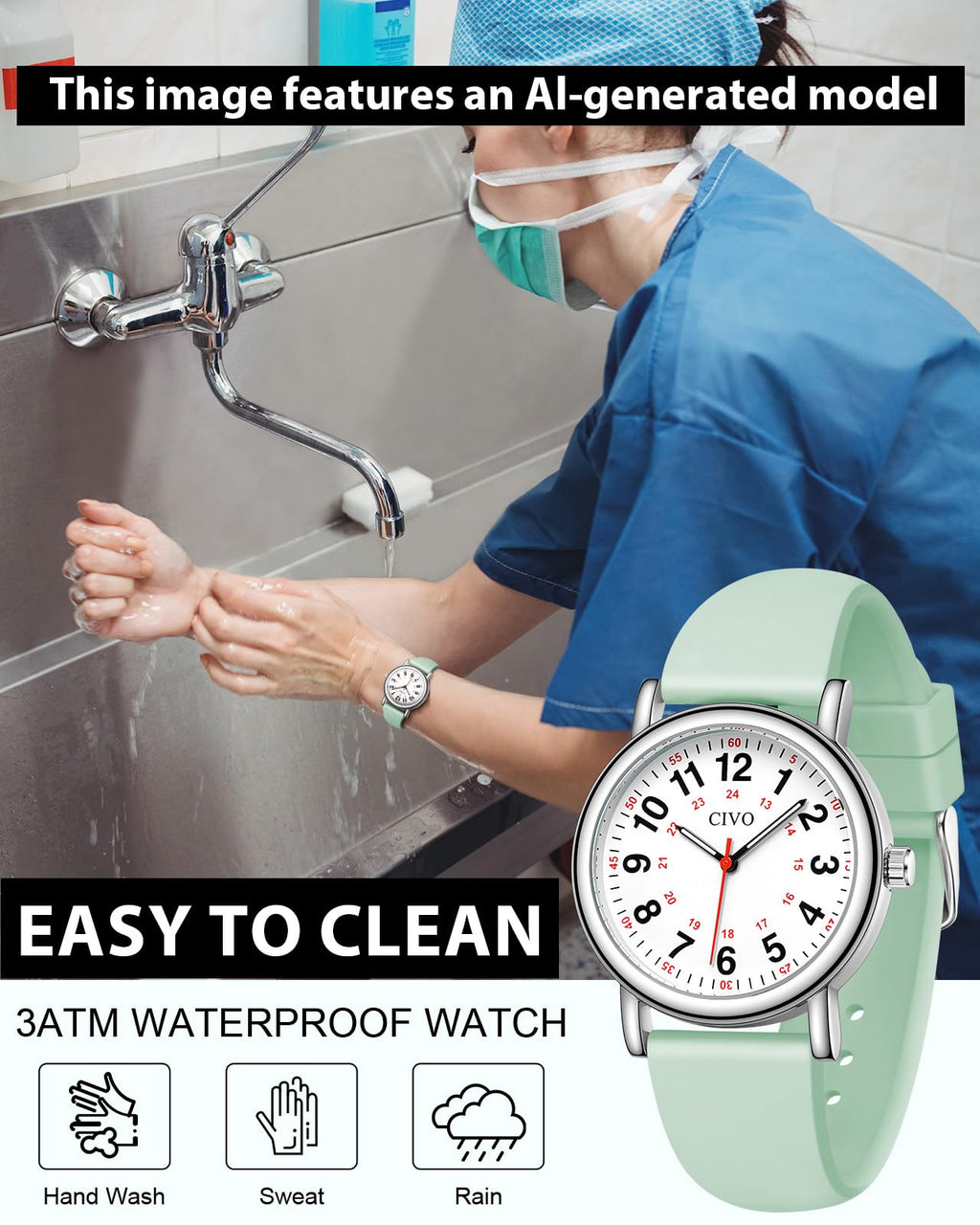 CIVO Nurse Watches for Women Men: Analog Waterproof Watch with Easy Read Dial Second Hand - Gifts for Nurses Medical Student Doctors