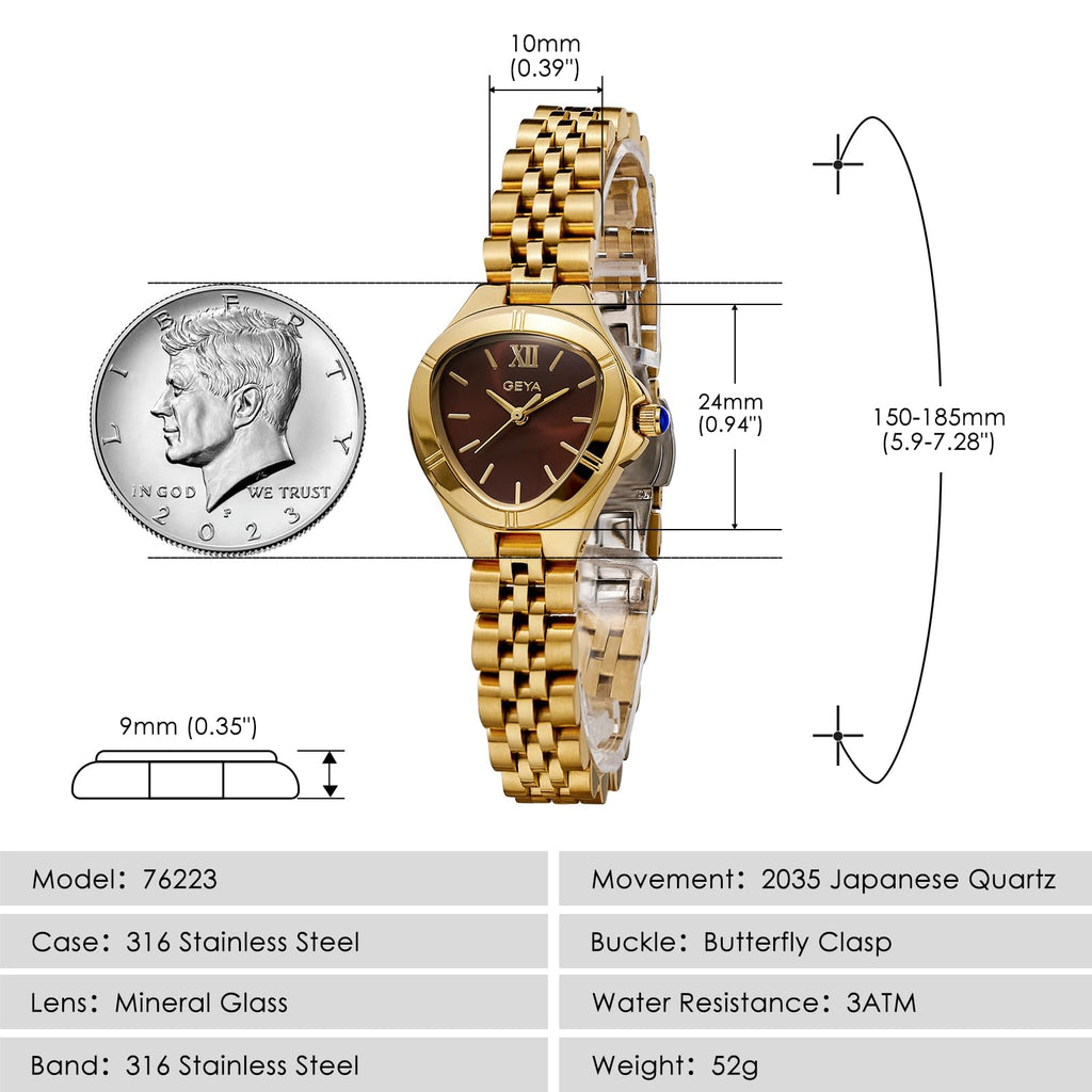 GeYa Vintage Gold Watches for Women Dainty Ladies Quartz Wristwatch,316L Stainless Steel Bracelet for Small Wrist,3ATM Waterproof,Triangle Shape,Birthday Gifts,with Tools,24.5mm