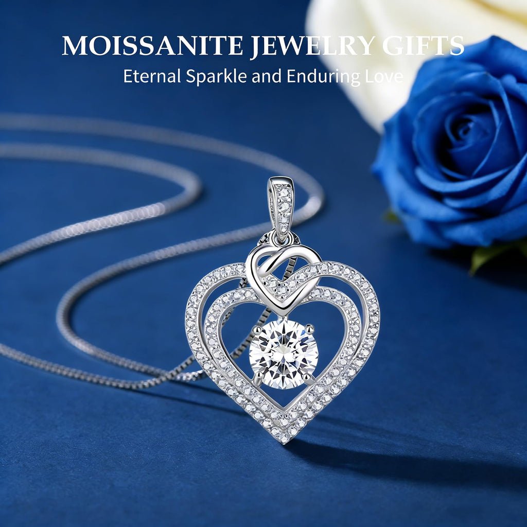 Luxury Moissanite Heart Necklace for Women – 925 Sterling Silver Heart Pendant, Sparkling Jewelry Gift for Wife, Girlfriend, Mom & Daughter