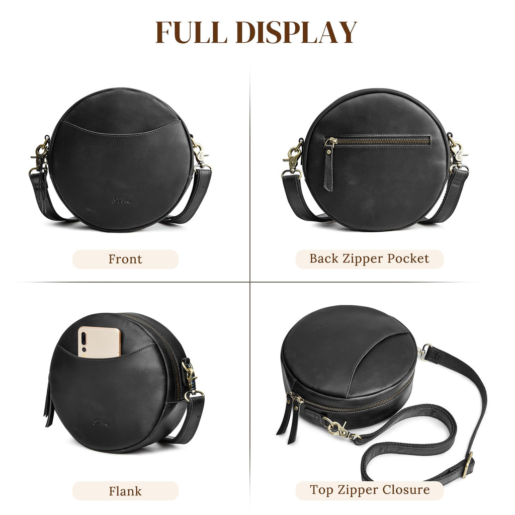 S-ZONE Leather Crossbody Bags for Women Circle Shoulder Round Purse Travel | Top Grain Leather, Keychain, Designer Handbag, Vintage, Multi Pockets, Detachable Strap, Eveyday Outing