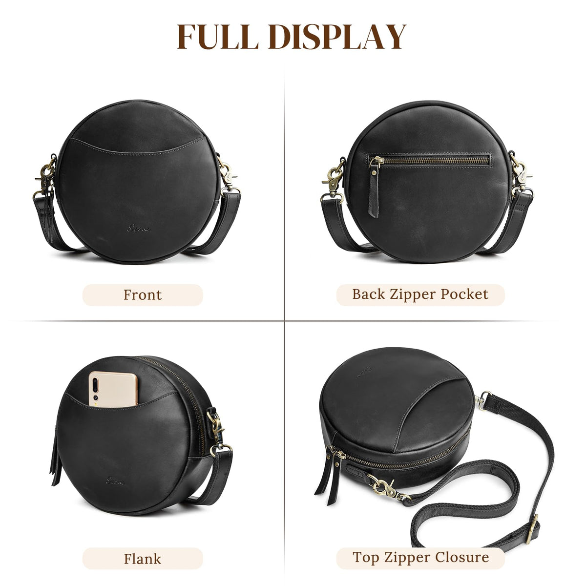S-ZONE Leather Crossbody Bags for Women Circle Shoulder Round Purse Travel | Top Grain Leather, Keychain, Designer Handbag, Vintage, Multi Pockets, Detachable Strap, Eveyday Outing