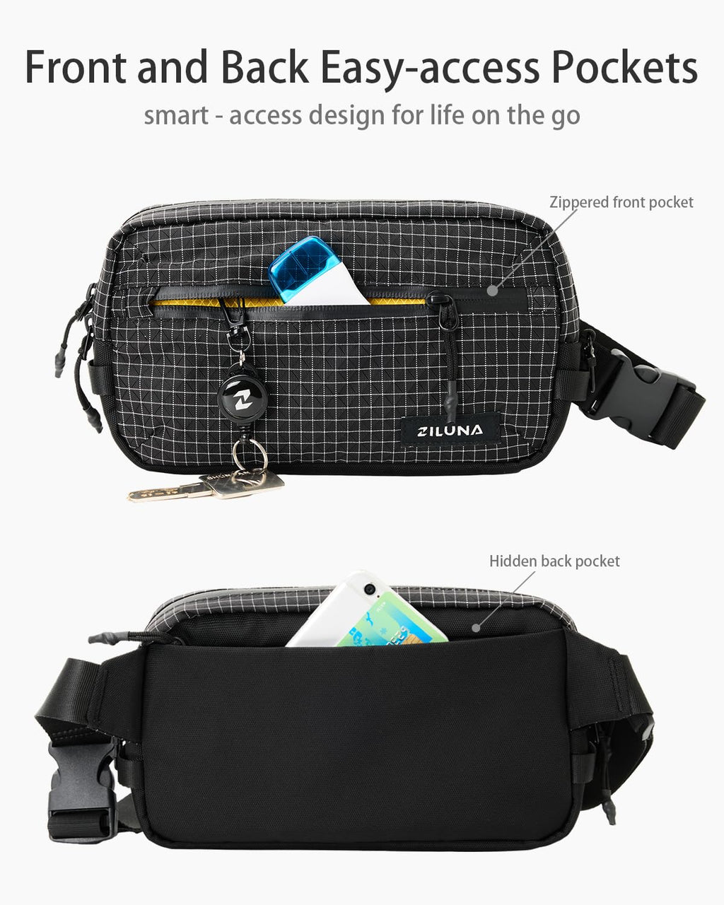 2L Sling Bag for Men & Women - Anti-Theft RFID Blocking Fanny Pack with Lockable Zippers, Water Resistant Lightweight Crossbody Bag for Travel Hiking Running Gym Walking Daily Use(Black)