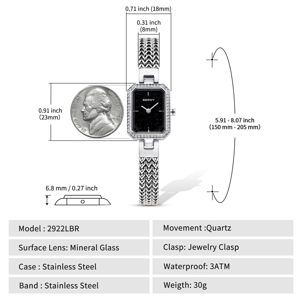 BERNY Silver Watches for Women Ladies Wrist Watch and Bracelet Set Dainty Quartz Bracelet Watch Premium Crystal Accented Fashion Luxury Birthday Present for Women
